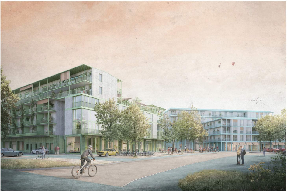 Blick entlang des Mandach-Gebäudes in Richtung Bahnhof